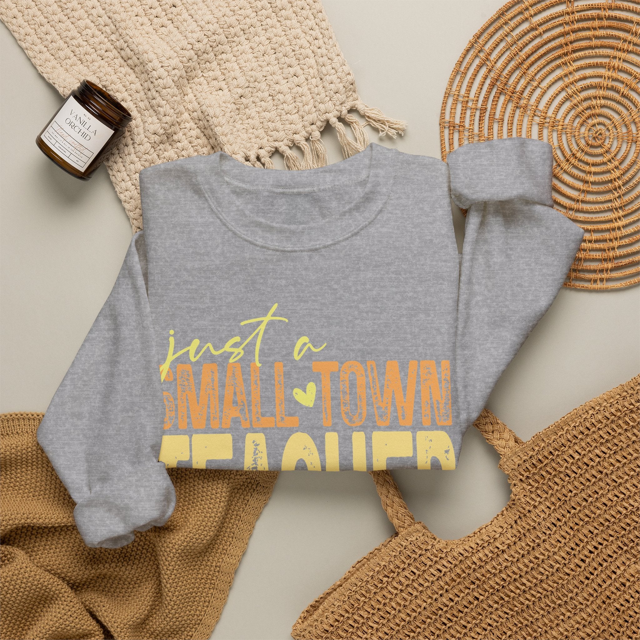 Small‑Town Teacher Sweatshirt | Cozy Crewneck for Educators | Distressed Yellow & Orange Lettering