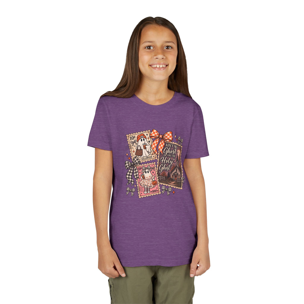 Youth Halloween Postage Stamp Tee — "Ain't No Ghosts Like Our Ghost" Retro Spooky Kids Shirt