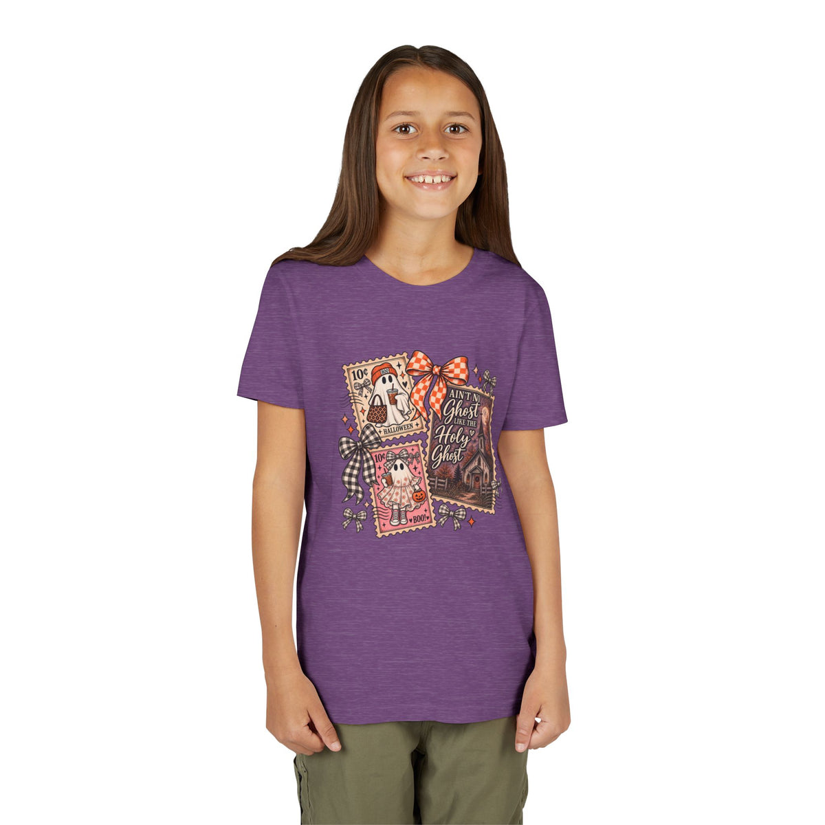 Youth Halloween Postage Stamp Tee — "Ain't No Ghosts Like Our Ghost" Retro Spooky Kids Shirt
