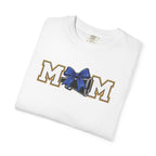 Mom Cheer support T-Shirt — "MOM" with Blue bow & Personalized Back Print