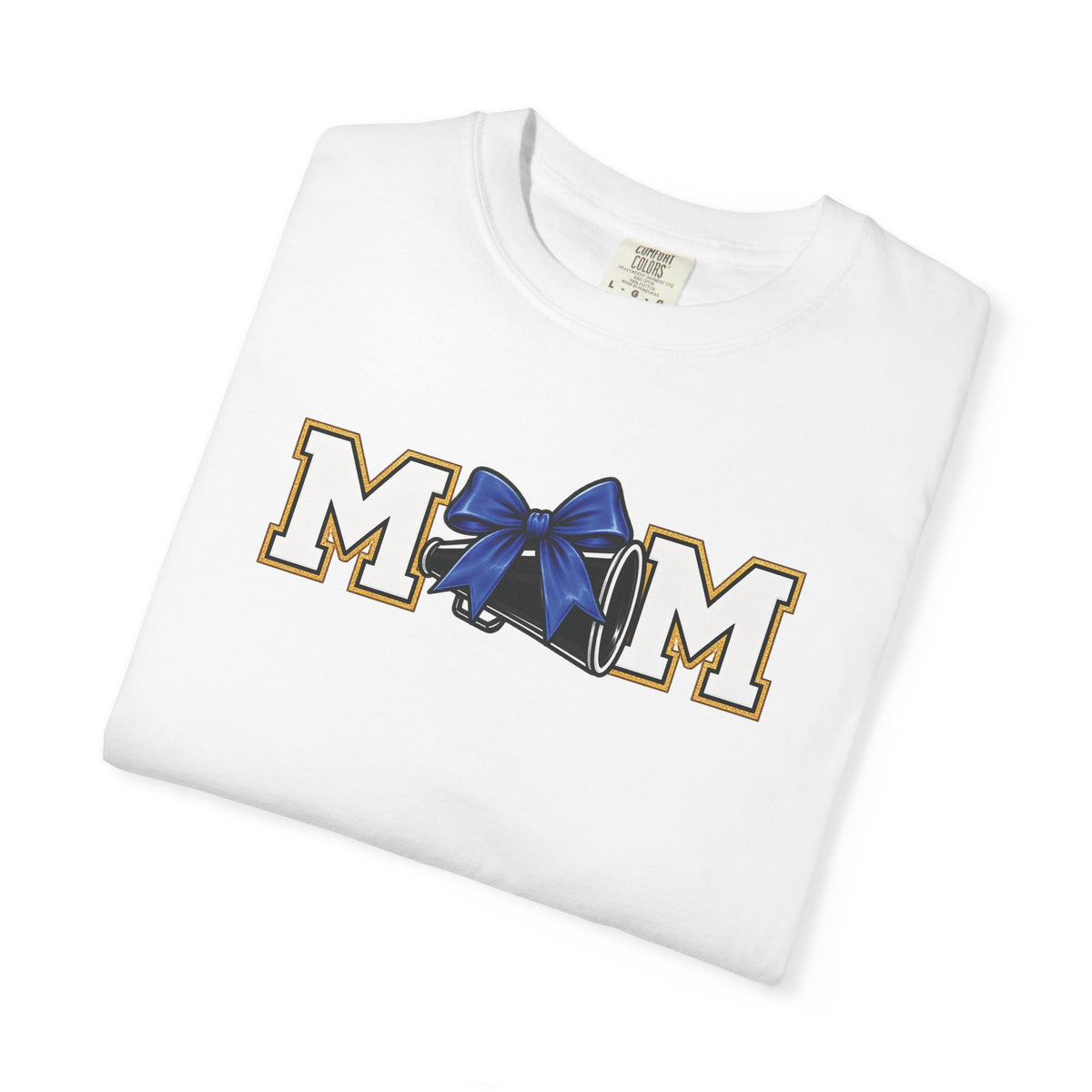 Mom Cheer support T-Shirt — "MOM" with Blue bow & Personalized Back Print