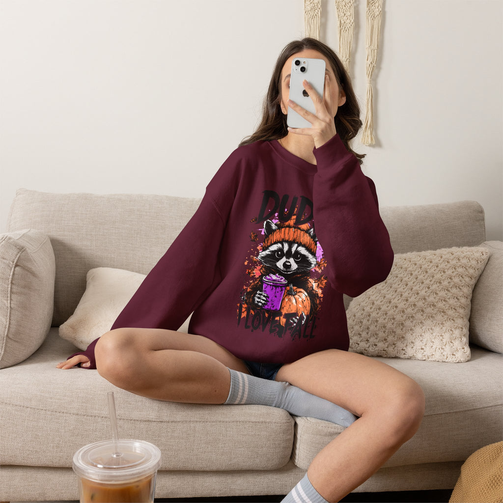 Fall Raccoon Sweatshirt - "Dude I Love Fall" Cozy Autumn GIldan sweatshirt