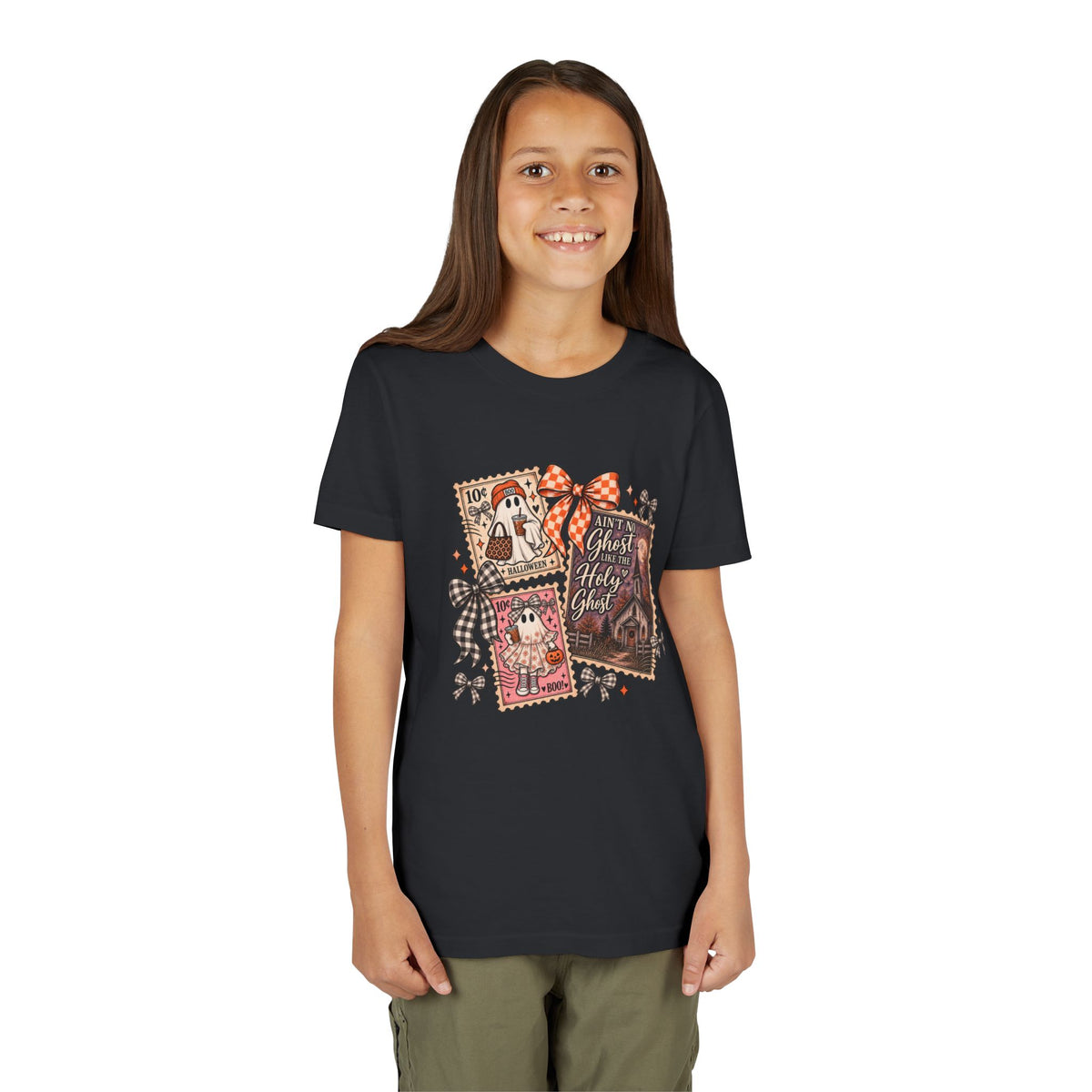 Youth Halloween Postage Stamp Tee — "Ain't No Ghosts Like Our Ghost" Retro Spooky Kids Shirt