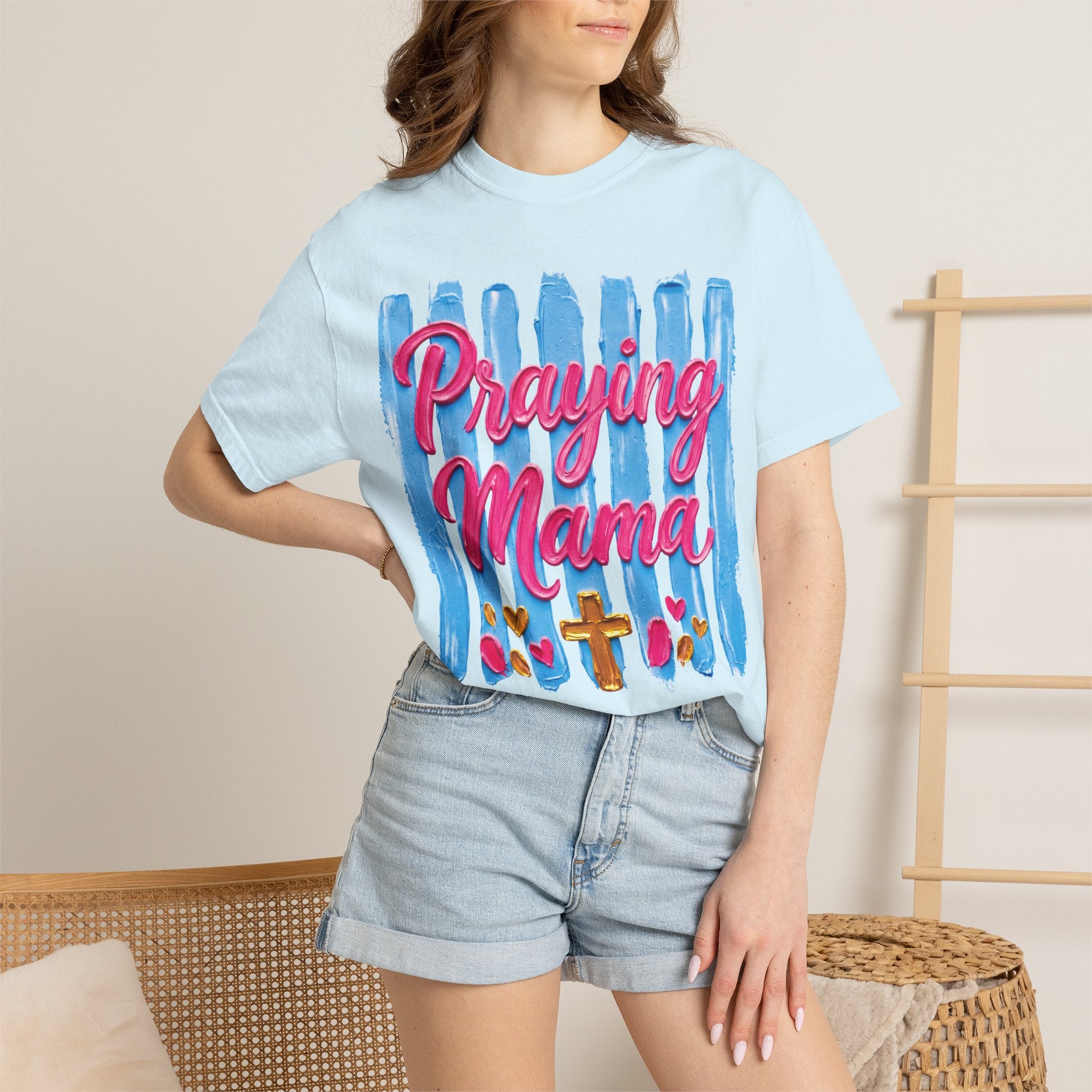 Praying Mama T-shirt | Christian Cross, Hearts, Blue Brushstroke