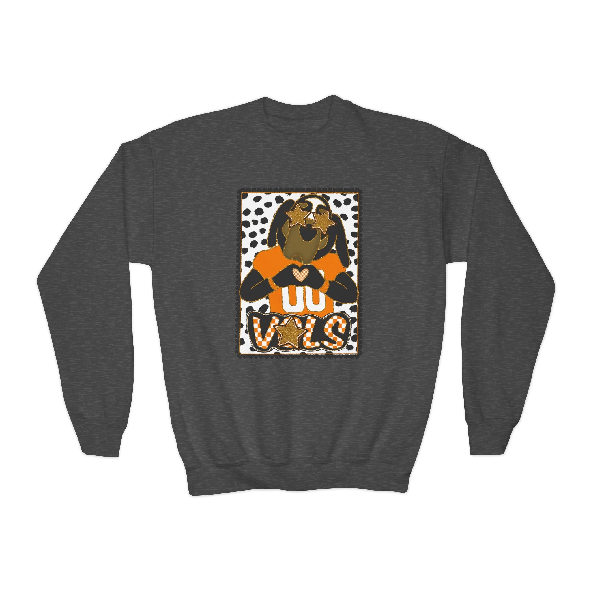 Youth Crewneck Sweatshirt — Cheerful Mascot ‘Go Vols’ Leopard Print Kids Pullover