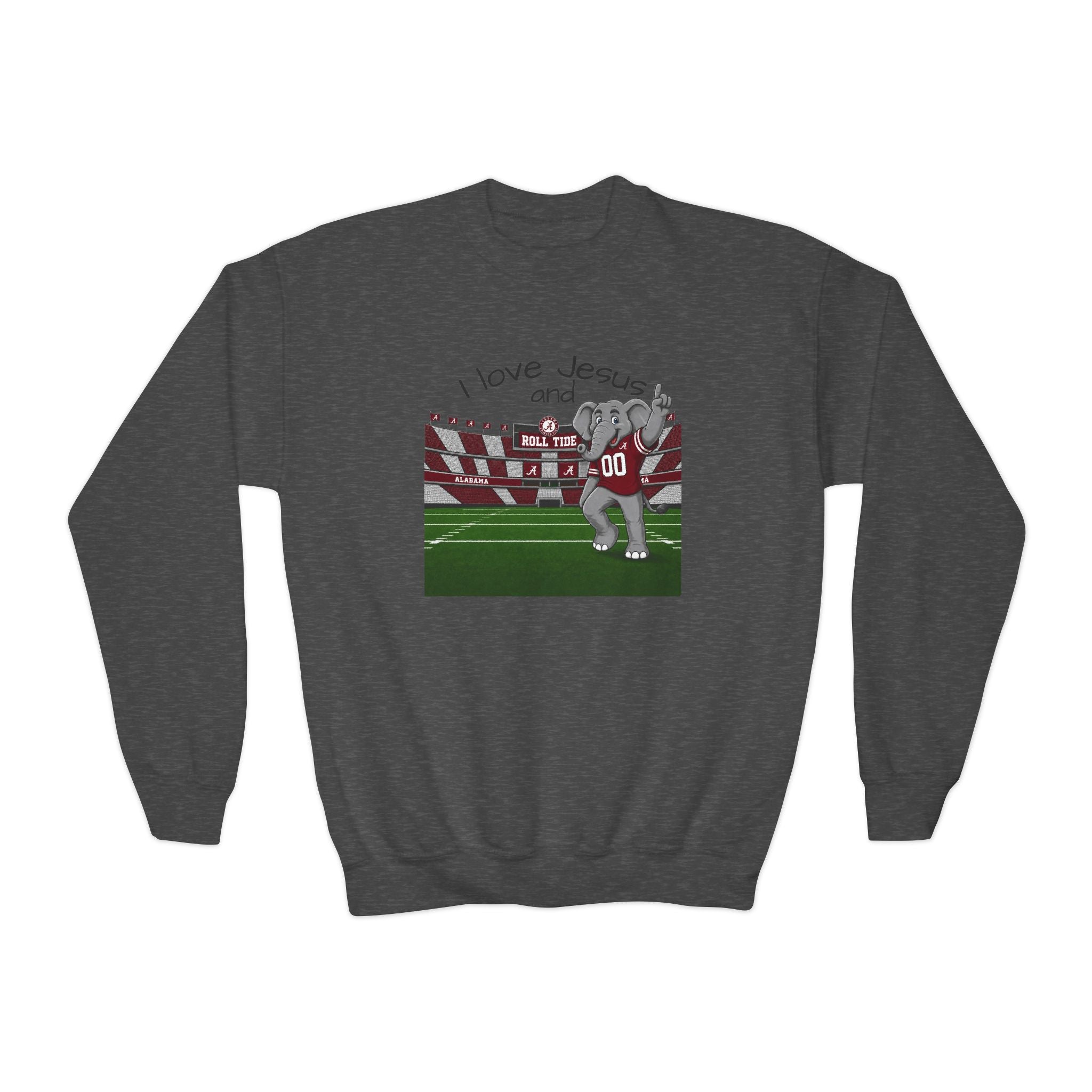 Youth Crewneck Sweatshirt - 'I Love Jesus and roll tide Football' Stadium Graphic Alabama
