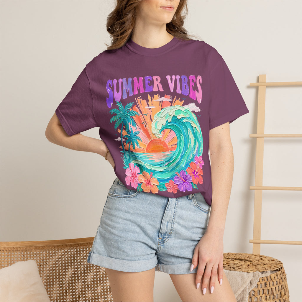 Summer Vibes Wave T-Shirt | Tropical Palm Sunset Hibiscus Beach lover tee