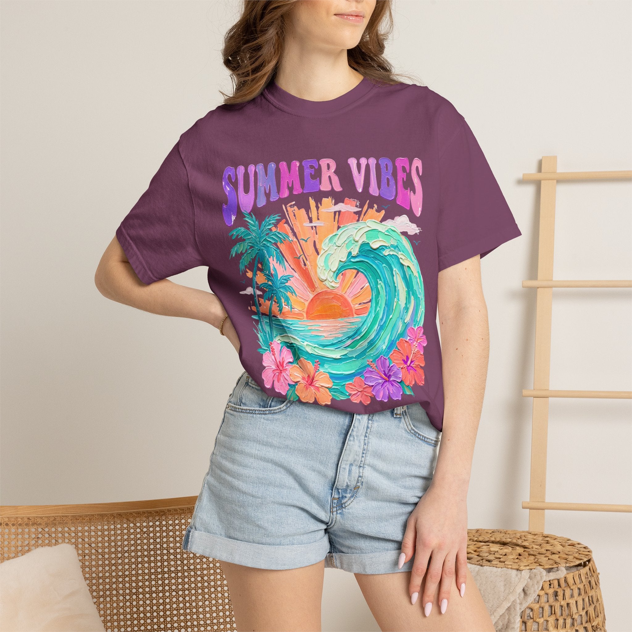 Summer Vibes Wave T-Shirt | Tropical Palm Sunset Hibiscus Beach lover tee