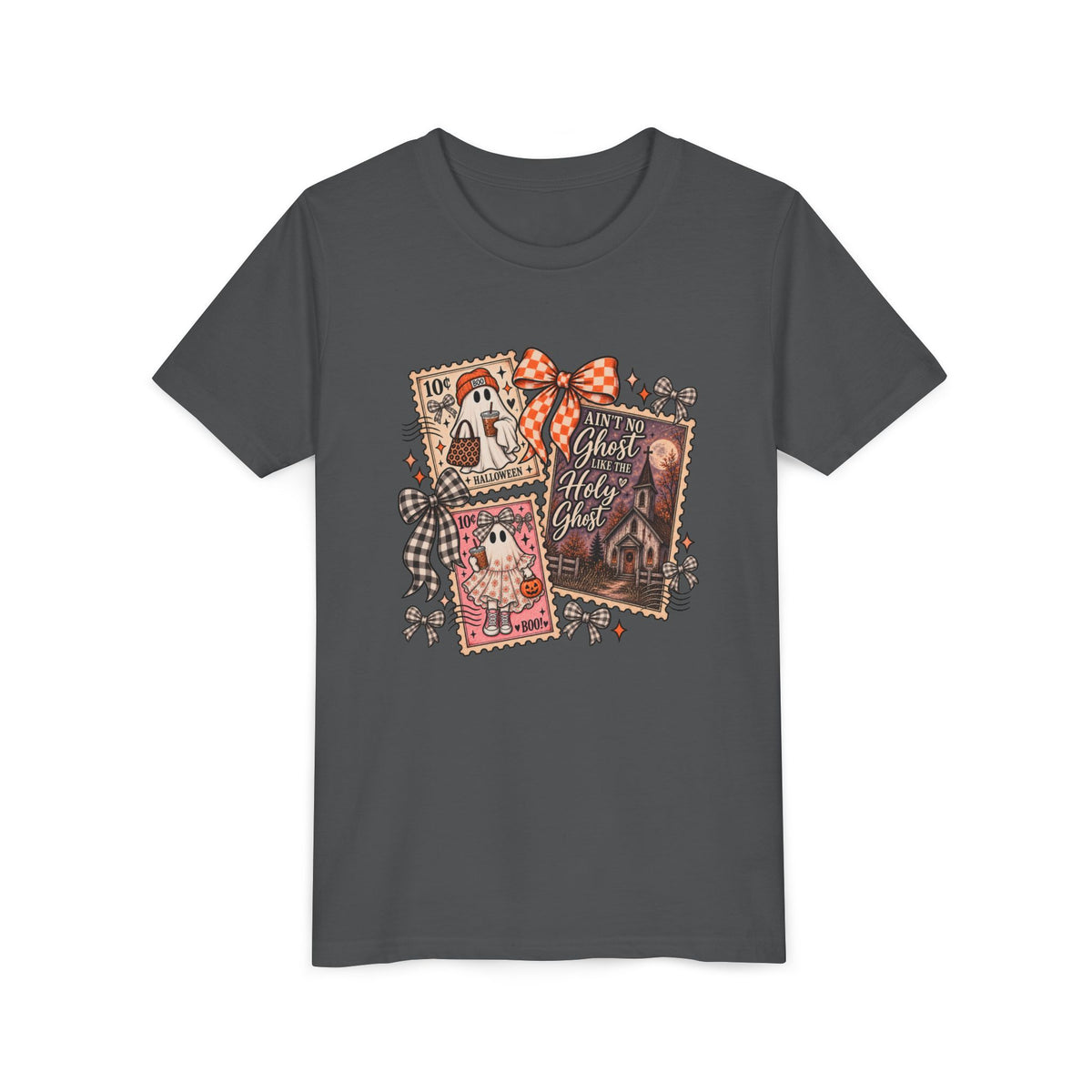 Youth Halloween Postage Stamp Tee — "Ain't No Ghosts Like Our Ghost" Retro Spooky Kids Shirt