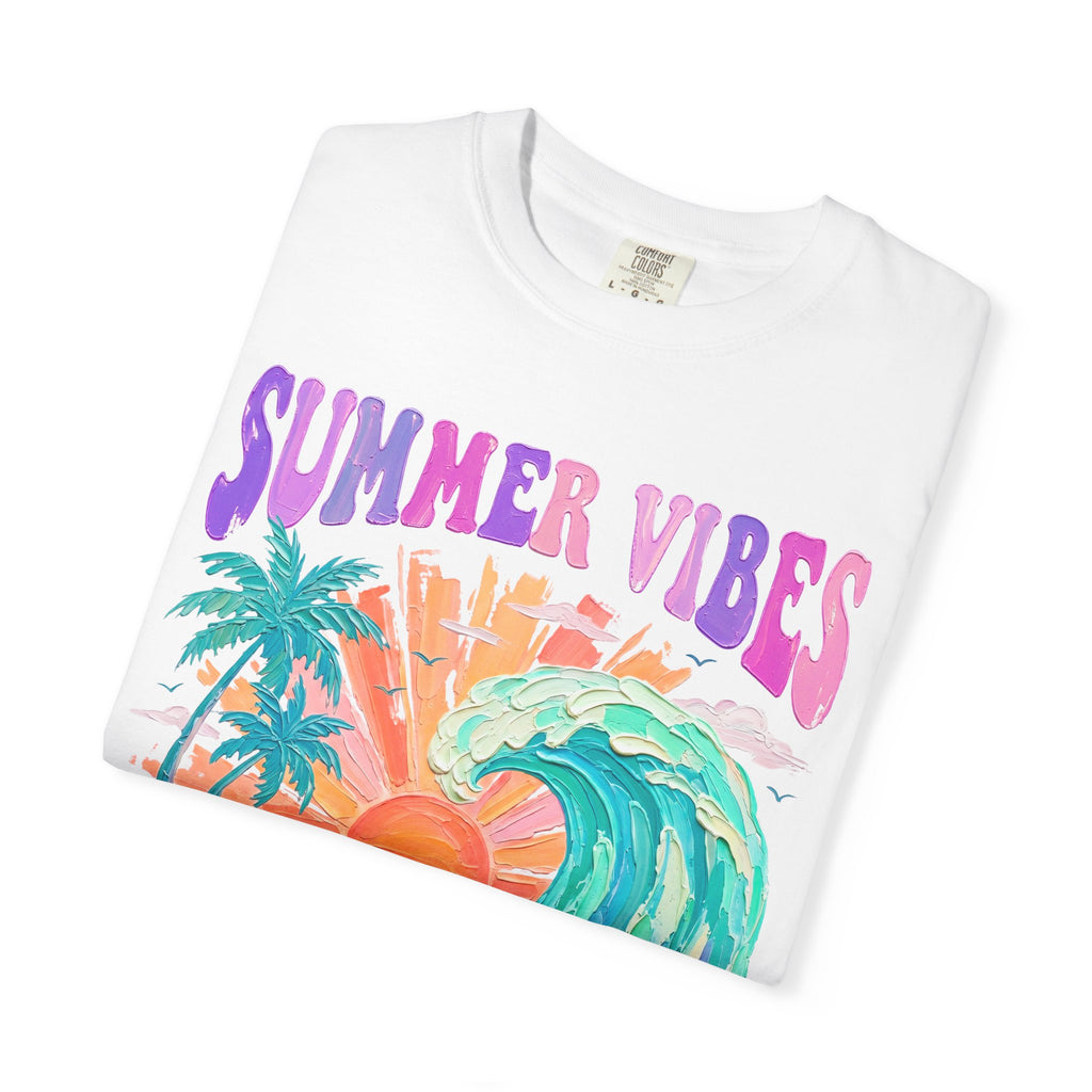 Summer Vibes Wave T-Shirt | Tropical Palm Sunset Hibiscus Beach lover tee