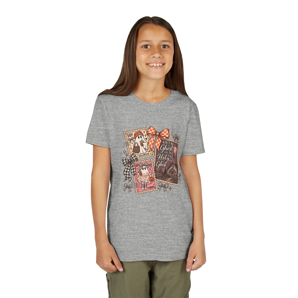 Youth Halloween Postage Stamp Tee — "Ain't No Ghosts Like Our Ghost" Retro Spooky Kids Shirt