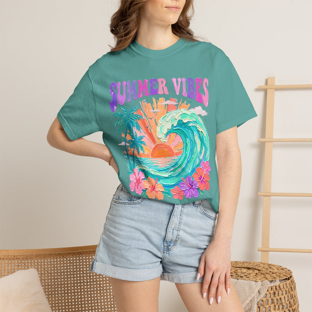 Summer Vibes Wave T-Shirt | Tropical Palm Sunset Hibiscus Beach lover tee