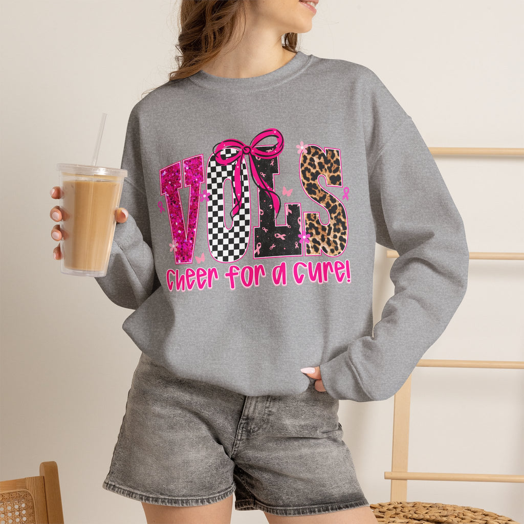 Crewneck Sweatshirt - VOLS Cheer For A Cure Pink Ribbon Leopard & Glitter Design