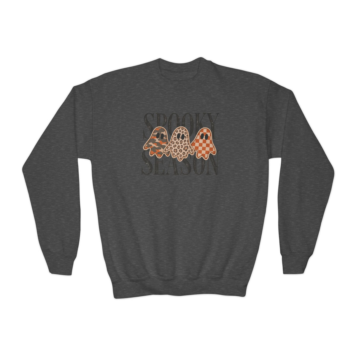 Youth Crewneck Sweatshirt — "Spooky Season" Halloween Ghosts with Leopard & Plaid Accents