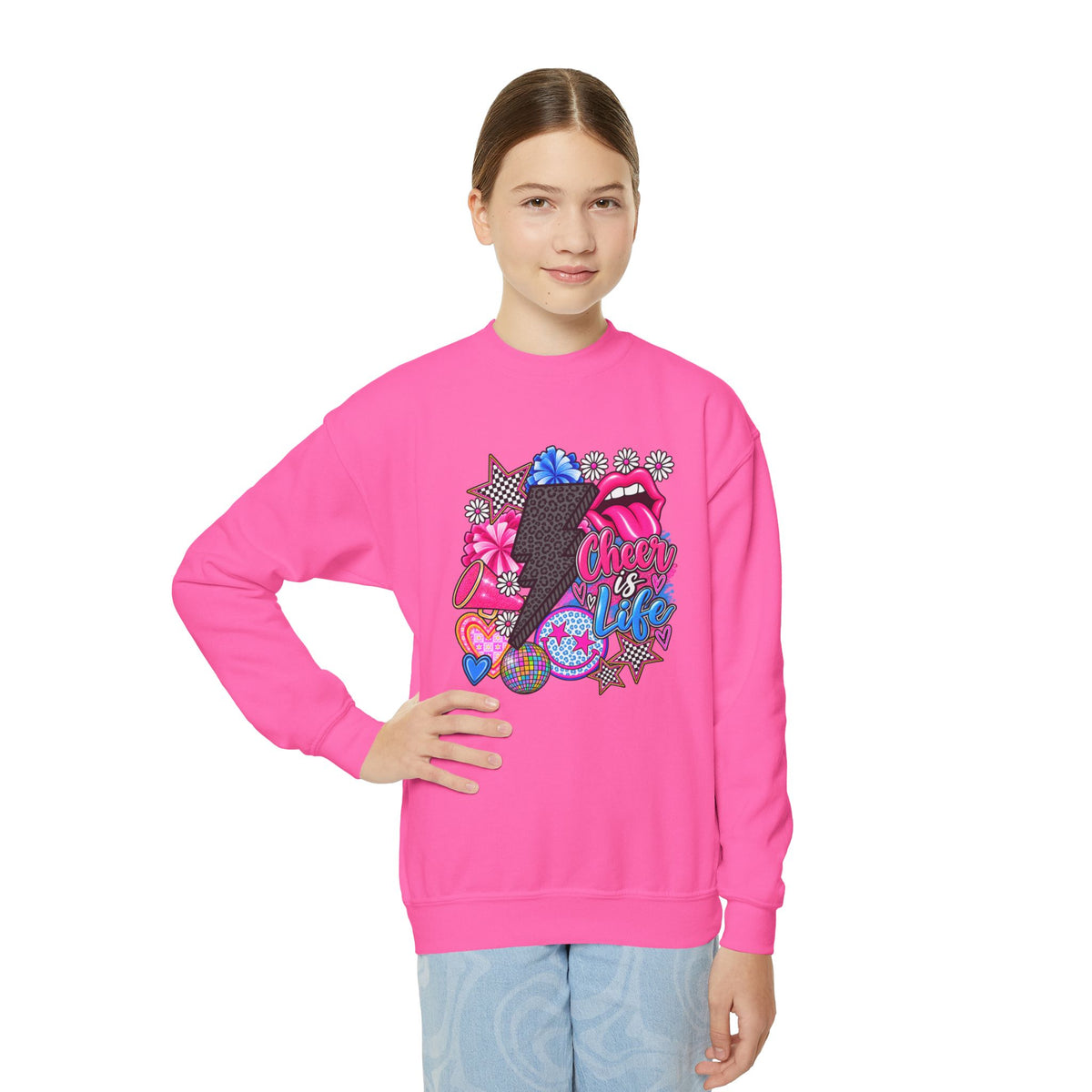 Youth Crewneck Sweatshirt — Sparkly Lip & Emoji cheer is life Graphic Pullover