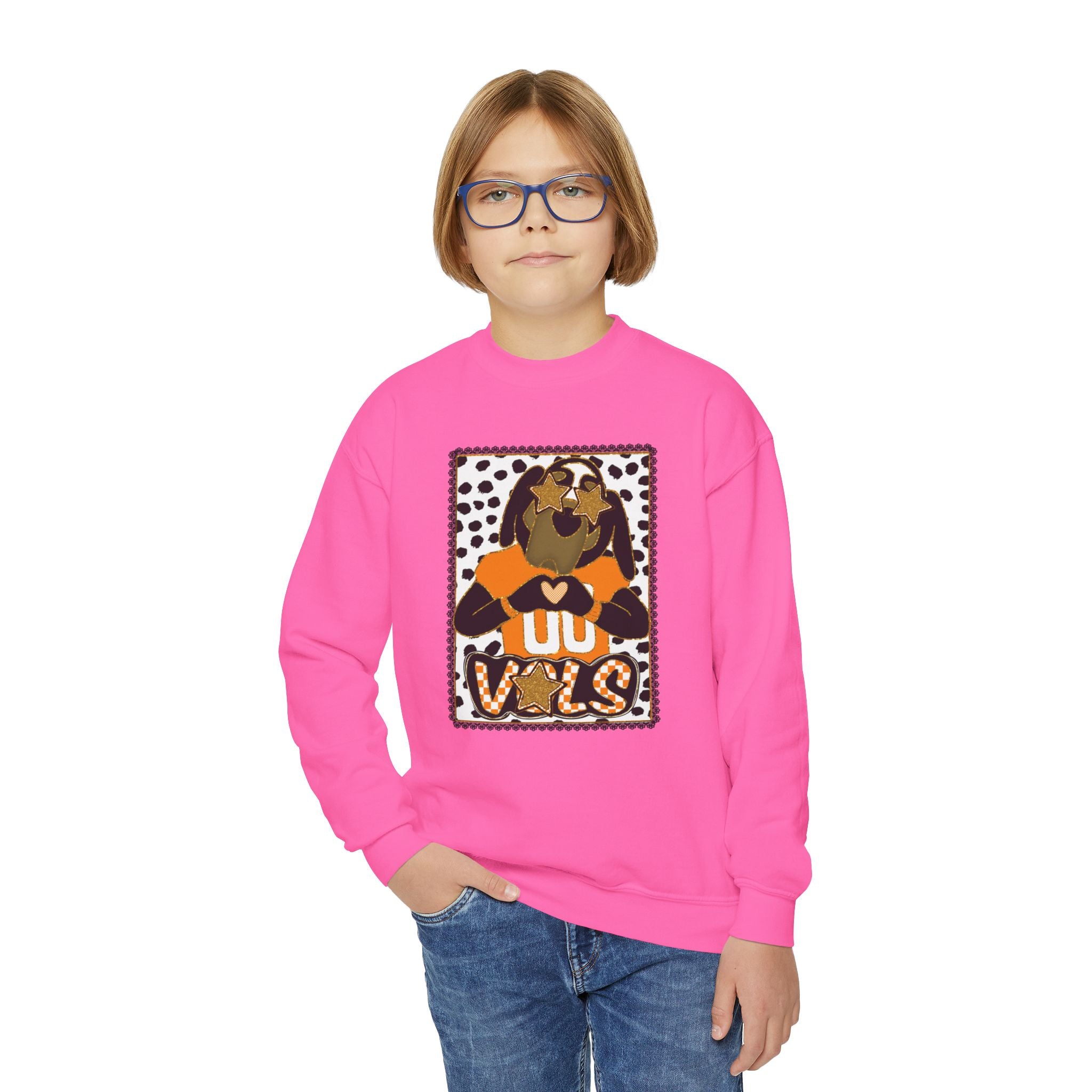 Youth Crewneck Sweatshirt — Cheerful Mascot ‘Go Vols’ Leopard Print Kids Pullover
