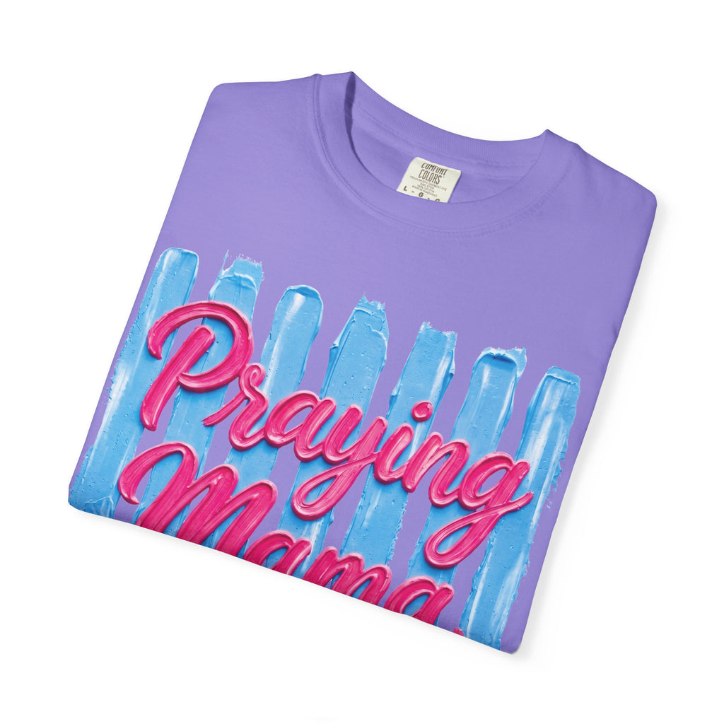 Praying Mama T-shirt | Christian Cross, Hearts, Blue Brushstroke