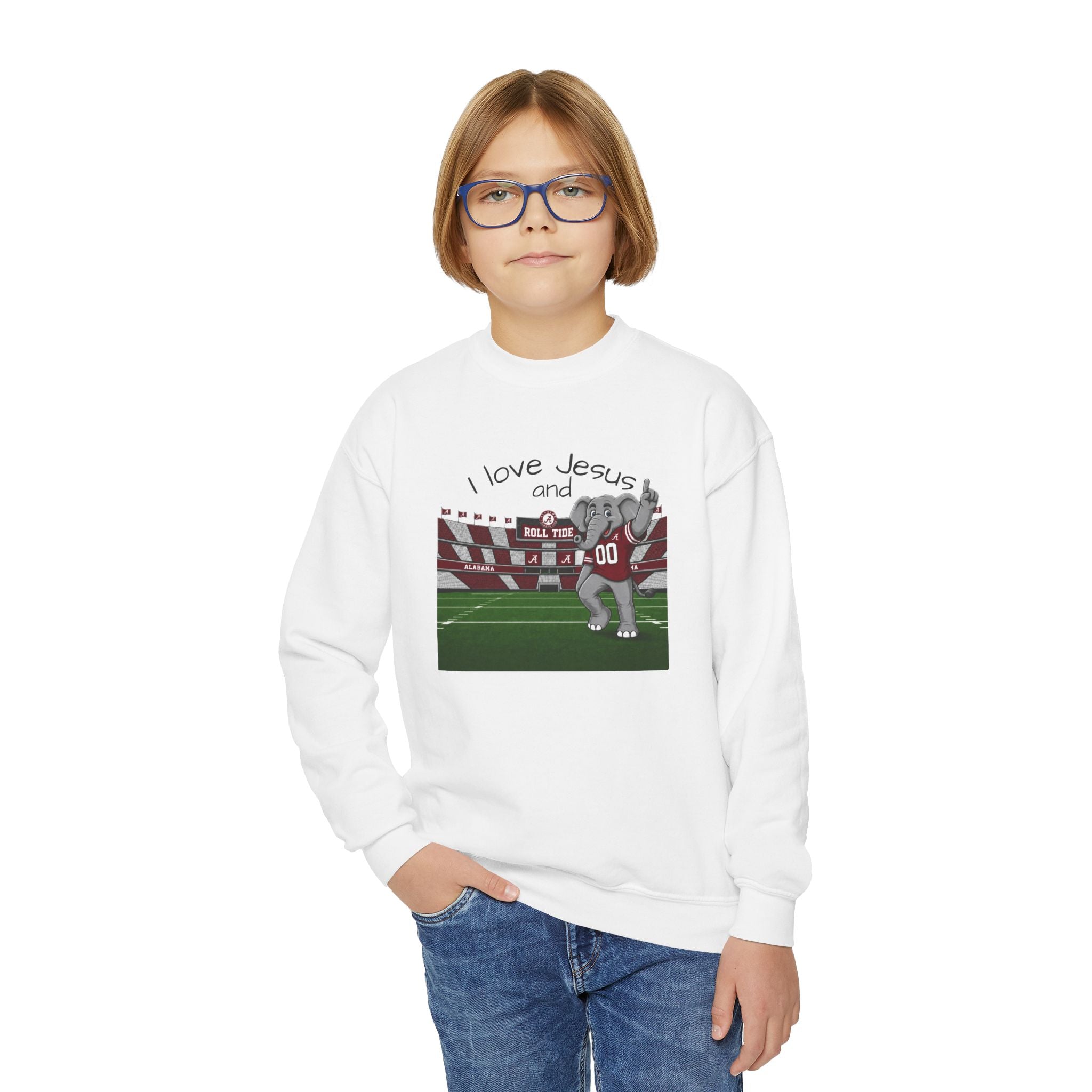 Youth Crewneck Sweatshirt - 'I Love Jesus and roll tide Football' Stadium Graphic Alabama