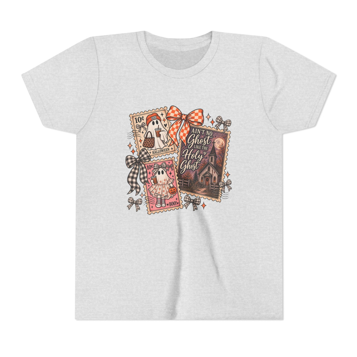 Youth Halloween Postage Stamp Tee — "Ain't No Ghosts Like Our Ghost" Retro Spooky Kids Shirt