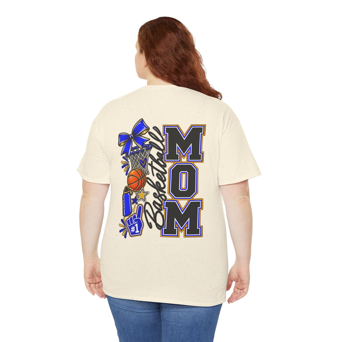 Basketball Mom T-Shirt — 'MOM' Lettering with Hoop, Ball & #1 Foam Finger Design