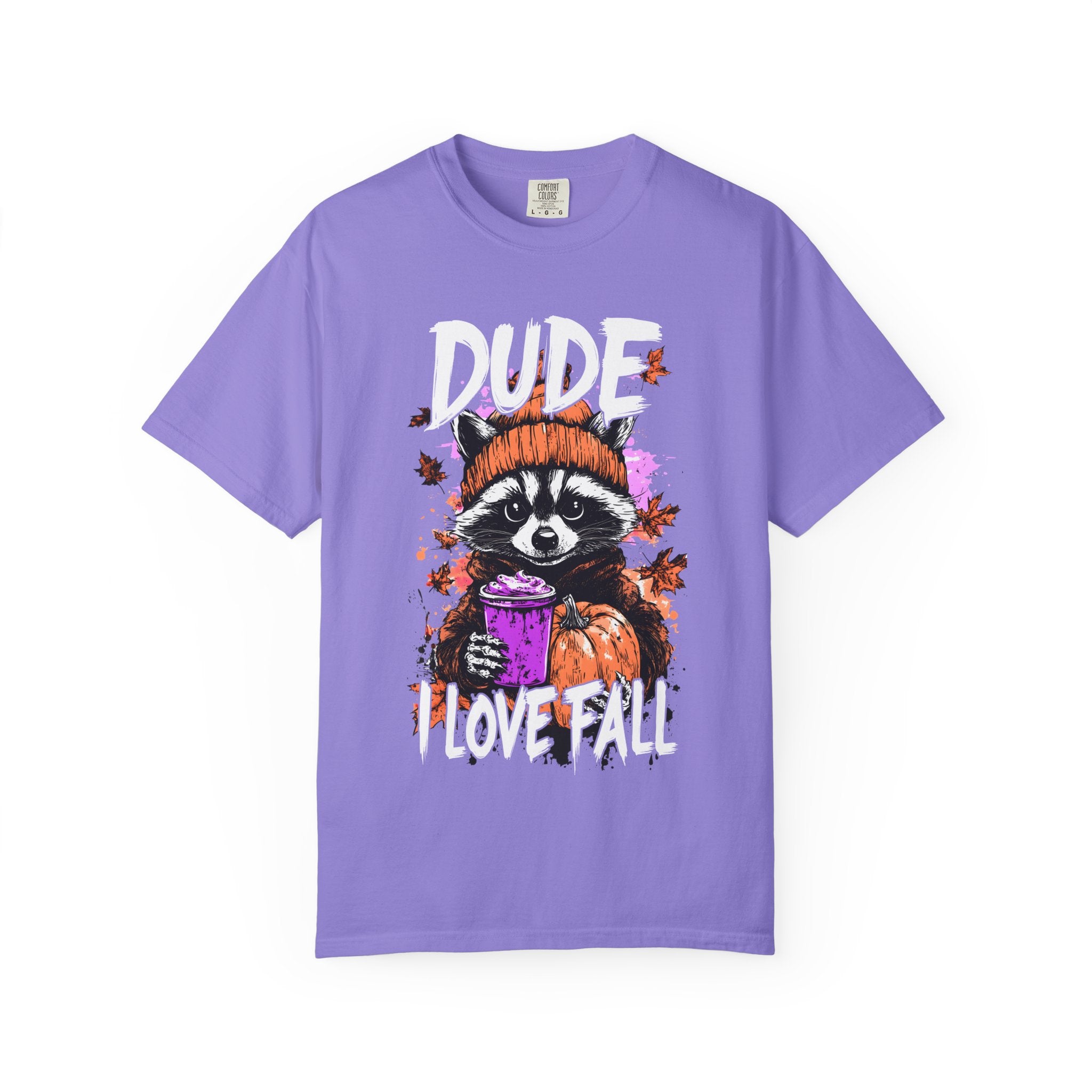Raccoon with Pumpkin and Coffee Dude I Love Fall T-shirt | Autumn Graphic Tee