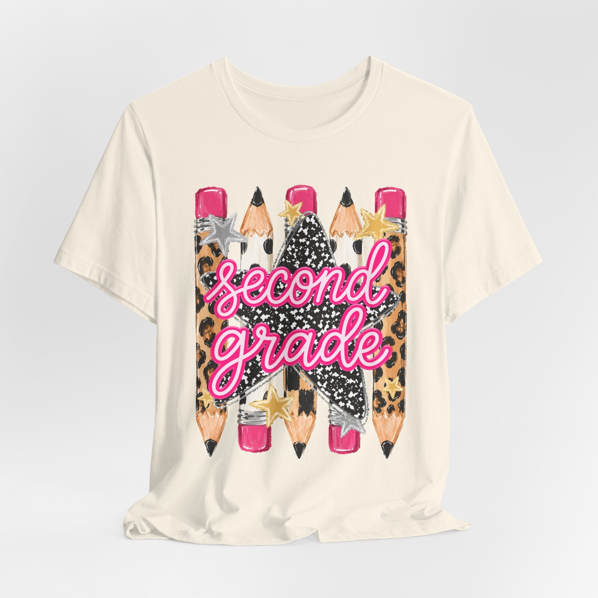 Second Grade Pencil Leopard Print T-Shirt — Back to School Teacher & Student Tee