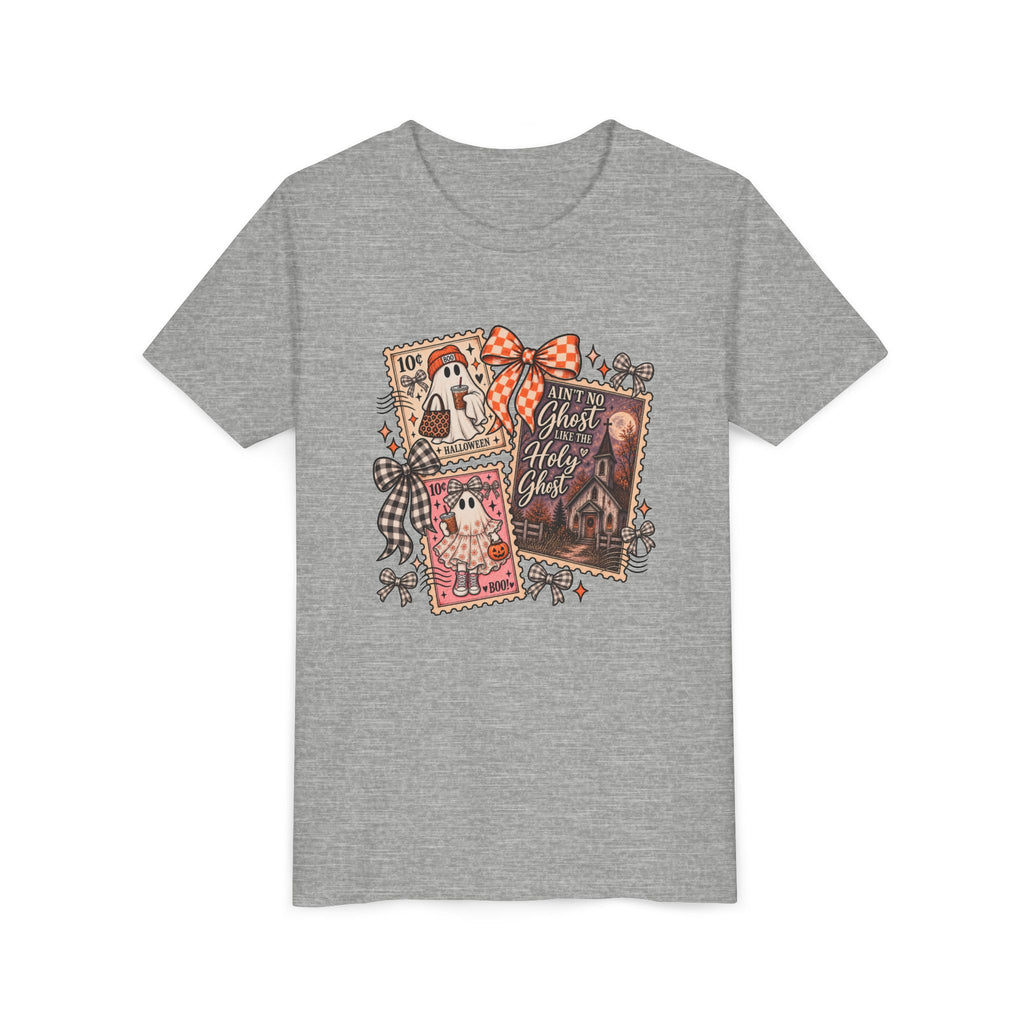 Youth Halloween Postage Stamp Tee — "Ain't No Ghosts Like Our Ghost" Retro Spooky Kids Shirt