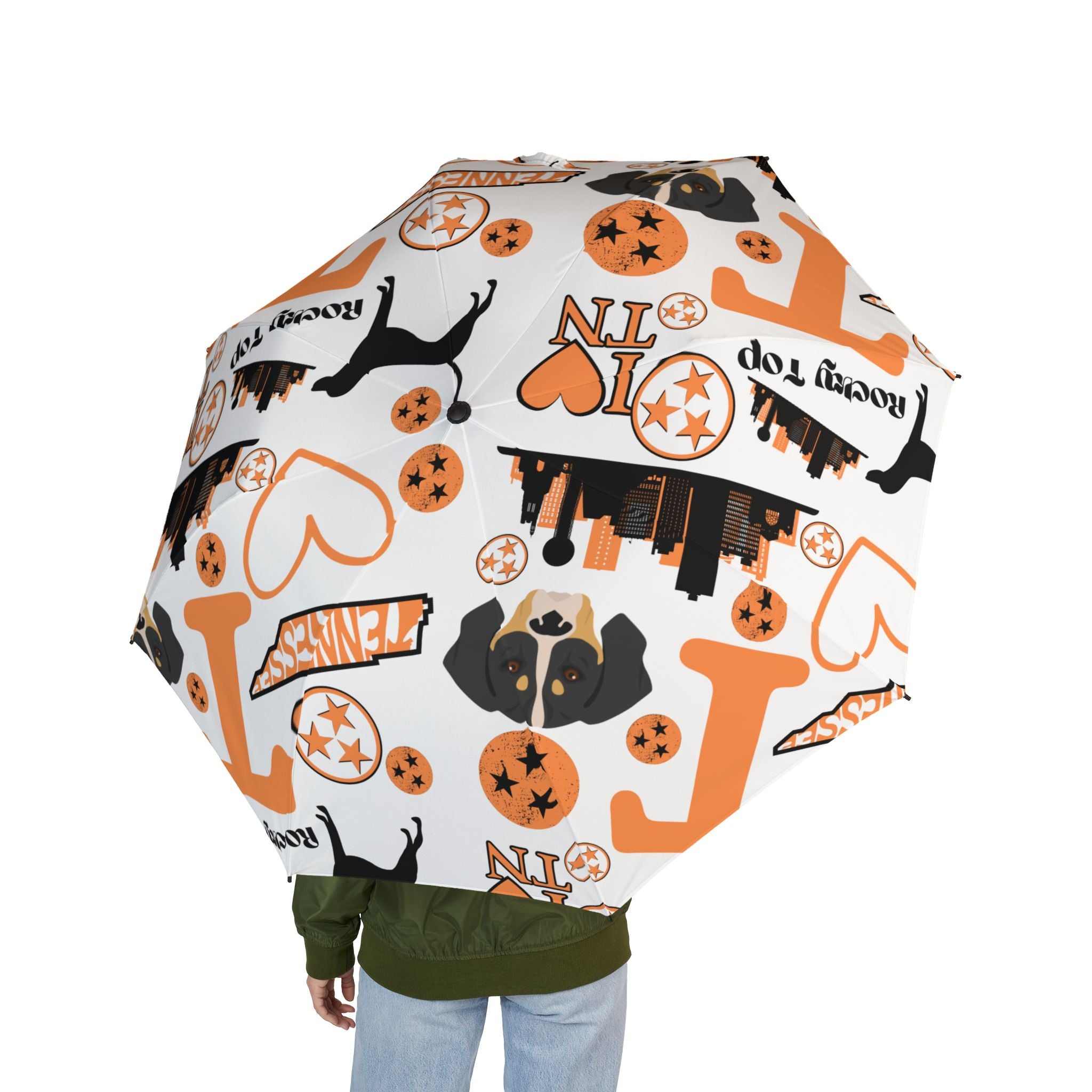 TN Vol lover Foldable Umbrella — Orange Black Pattern, Semi-Automatic Travel Umbrella