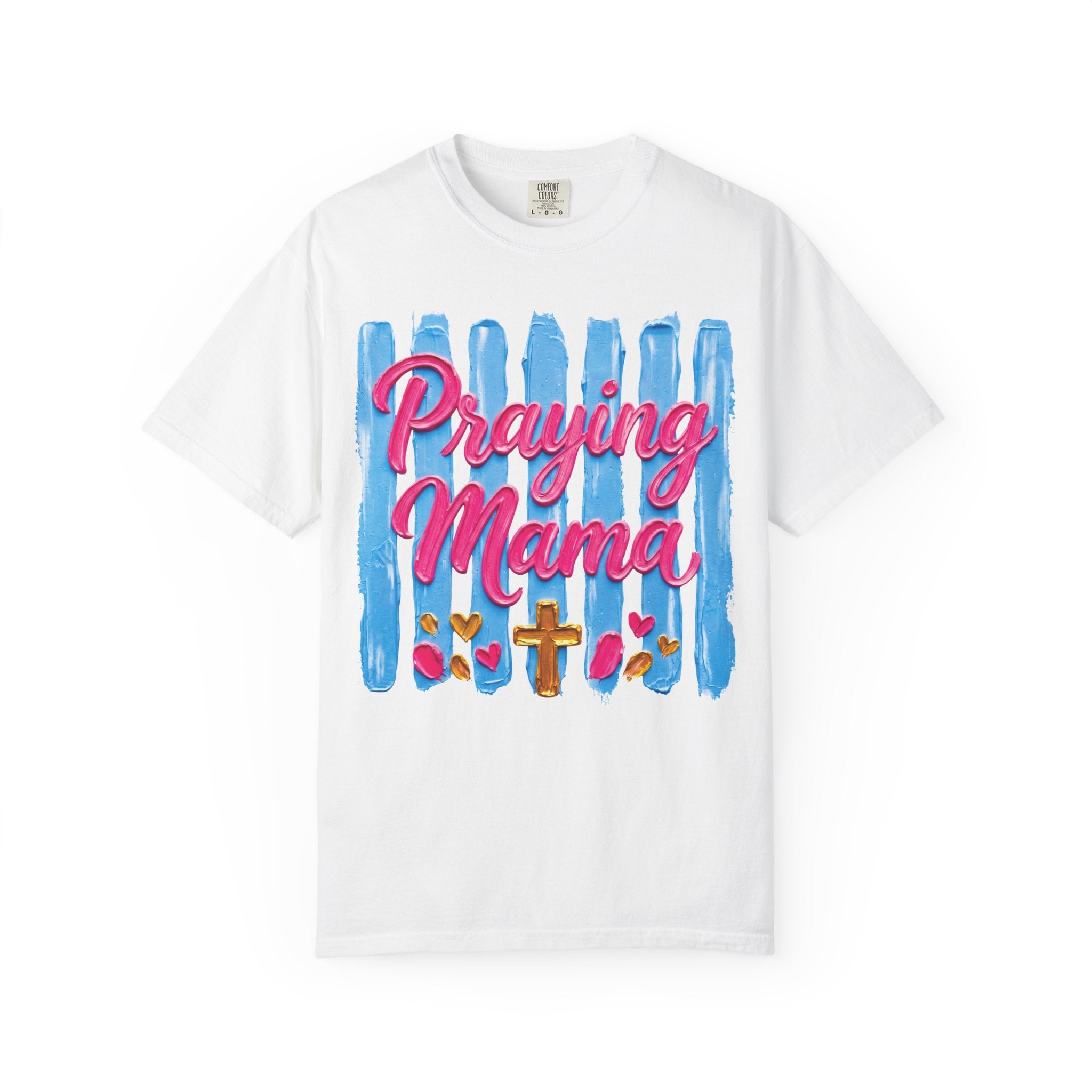 Praying Mama T-shirt | Christian Cross, Hearts, Blue Brushstroke