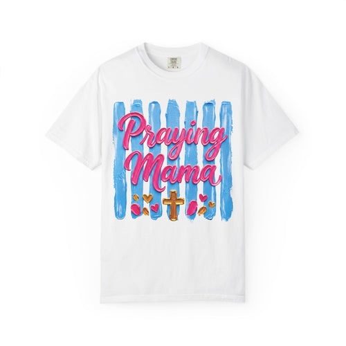 Praying Mama T-shirt | Christian Cross, Hearts, Blue Brushstroke