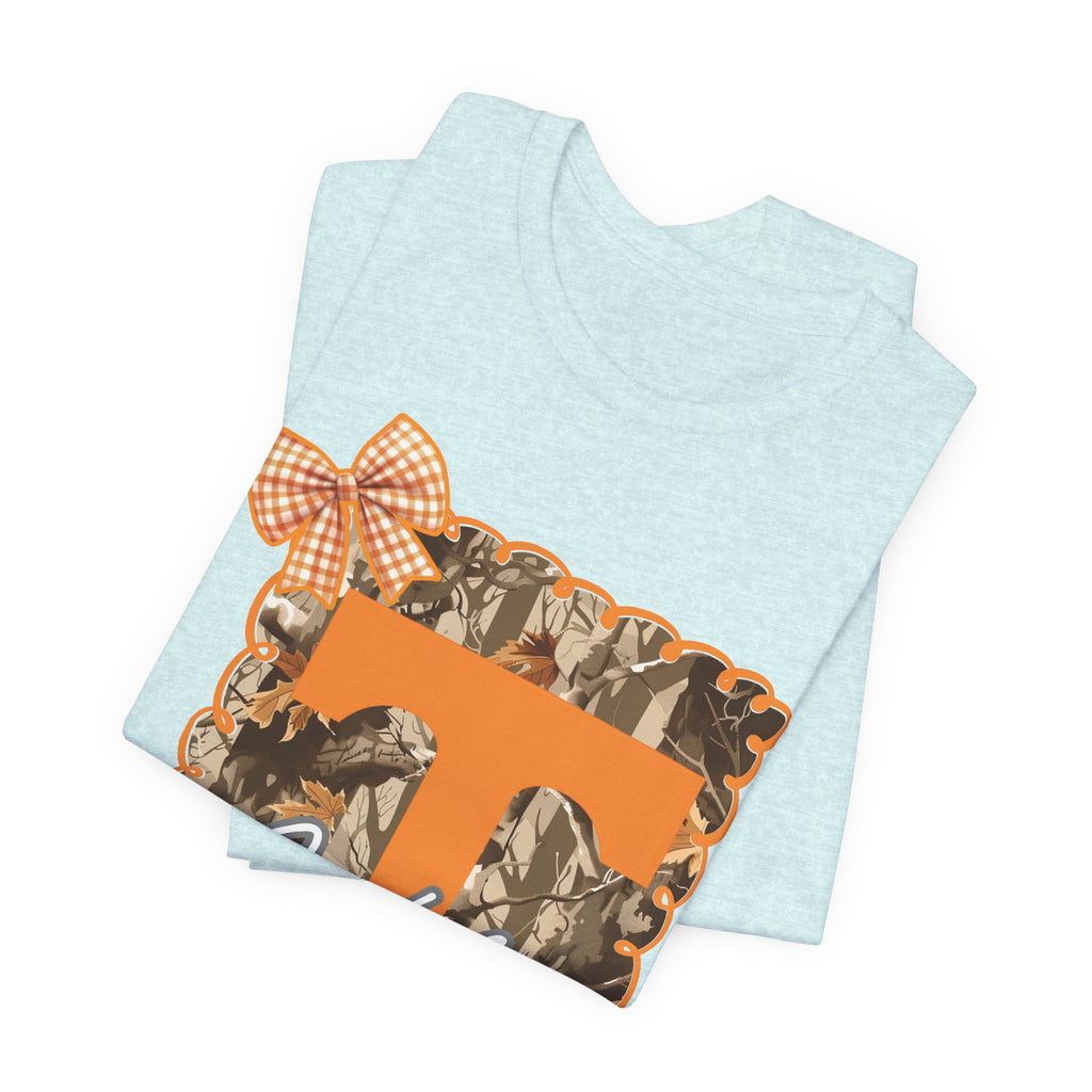 Vols T-Shirt | Orange T monogram, camo frame, gingham bow TN Vols football gift