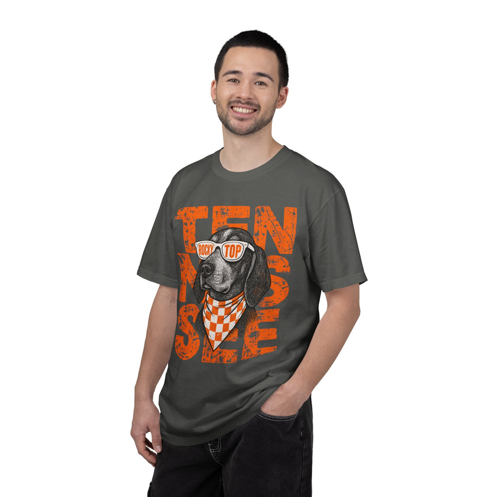 Smokey football dog with Sunglasses and Bandana T-Shirt | Tennessee Vintage Text