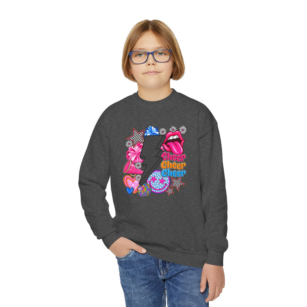 Youth Crewneck Sweatshirt - Retro Glam Lightning Bolt Graphic with 'Queen' Pop Art