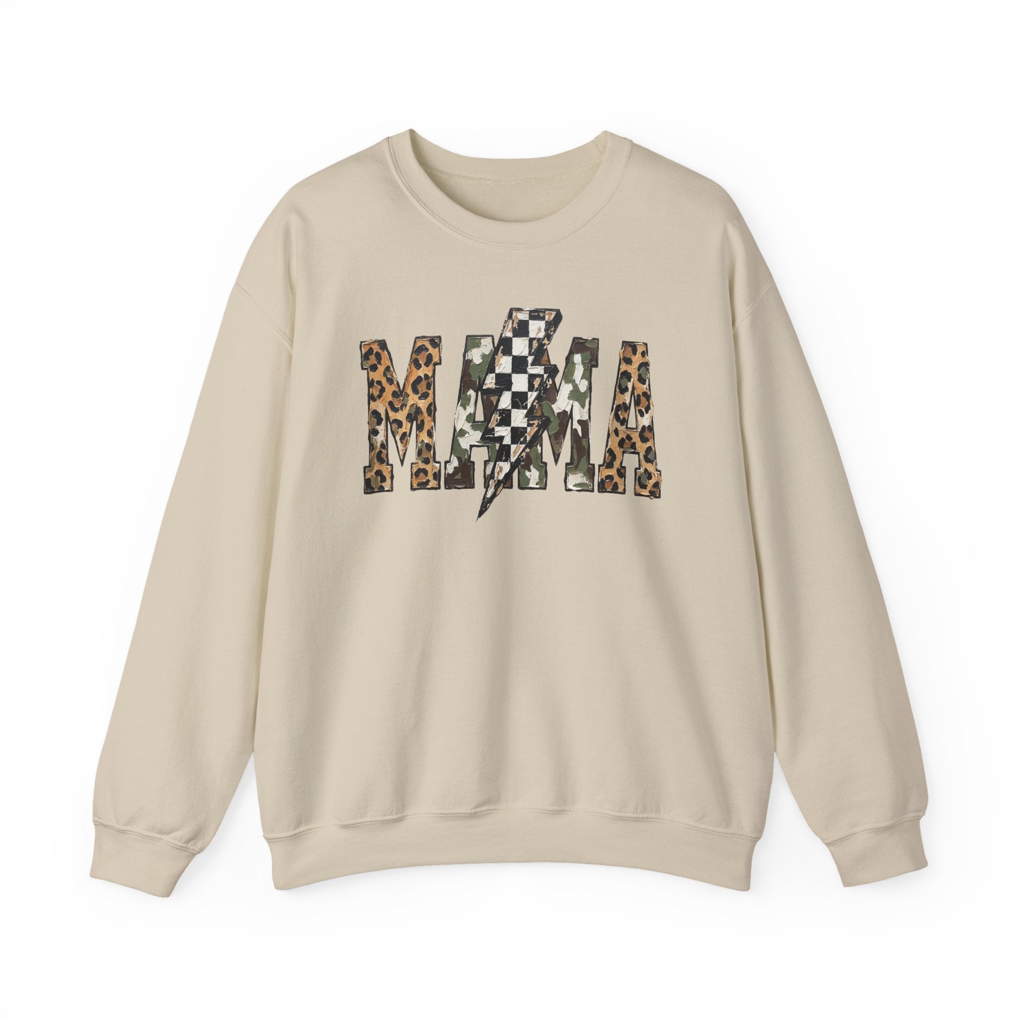 Neutral Street Style MAMA Sweatshirt | Leopard & Camouflage Lightning Bolt Graphic | Cozy Mom Crewneck
