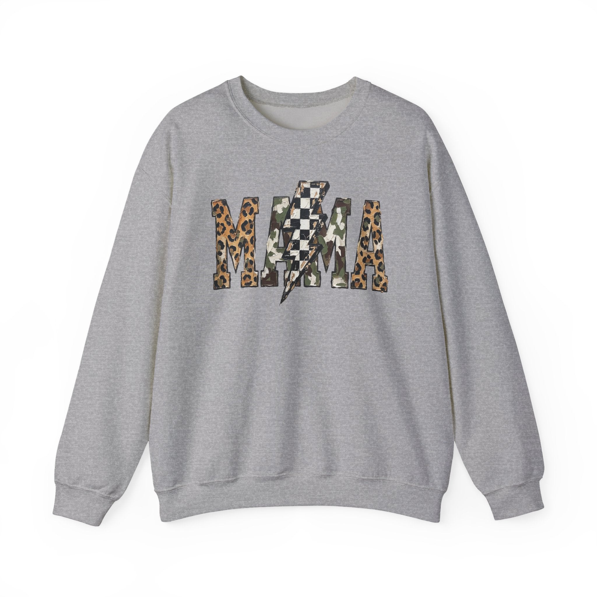 Neutral Street Style MAMA Sweatshirt | Leopard & Camouflage Lightning Bolt Graphic | Cozy Mom Crewneck