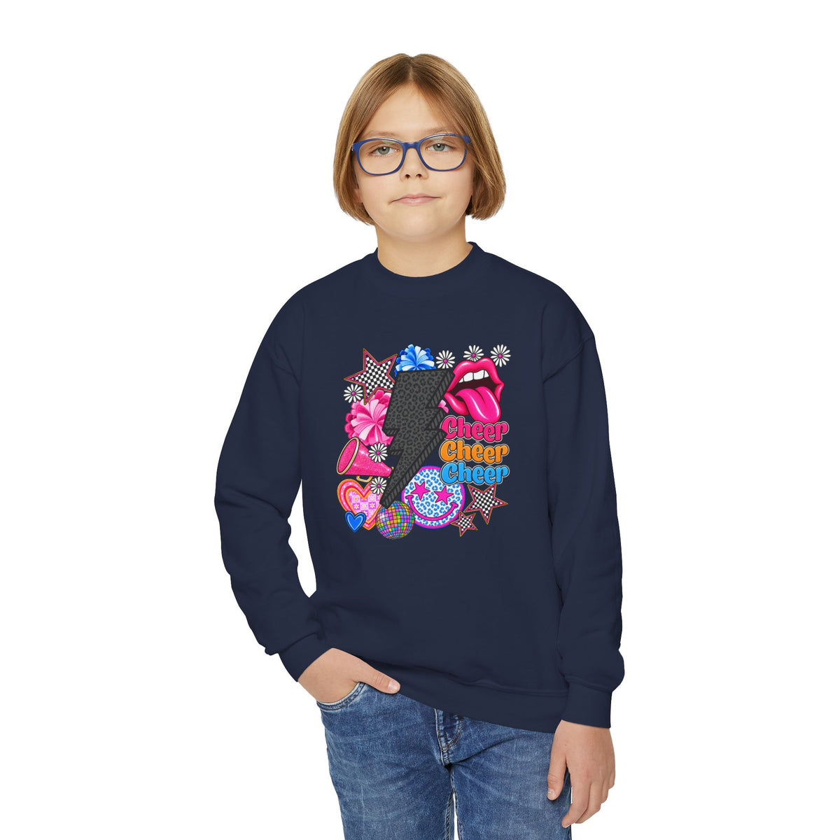 Youth Crewneck Sweatshirt - Retro Glam Lightning Bolt Graphic with 'Queen' Pop Art