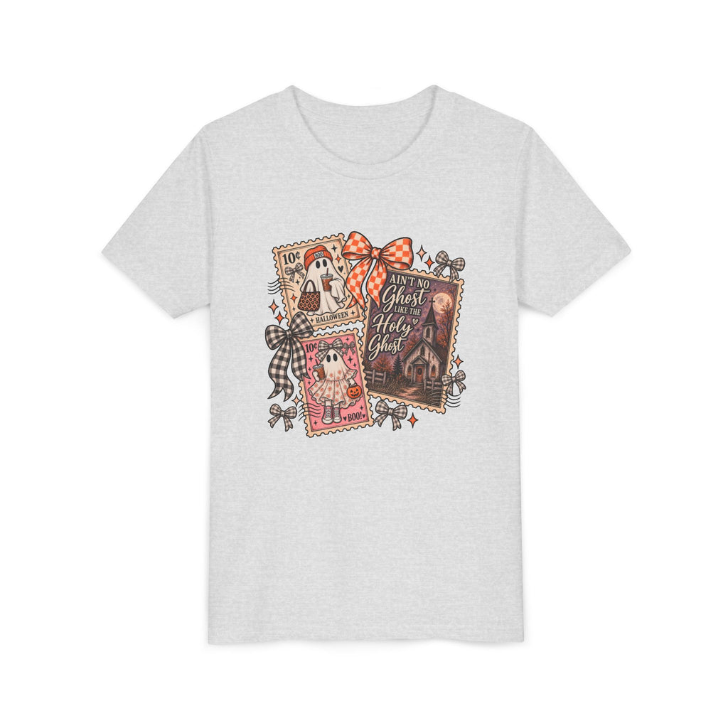 Youth Halloween Postage Stamp Tee — "Ain't No Ghosts Like Our Ghost" Retro Spooky Kids Shirt