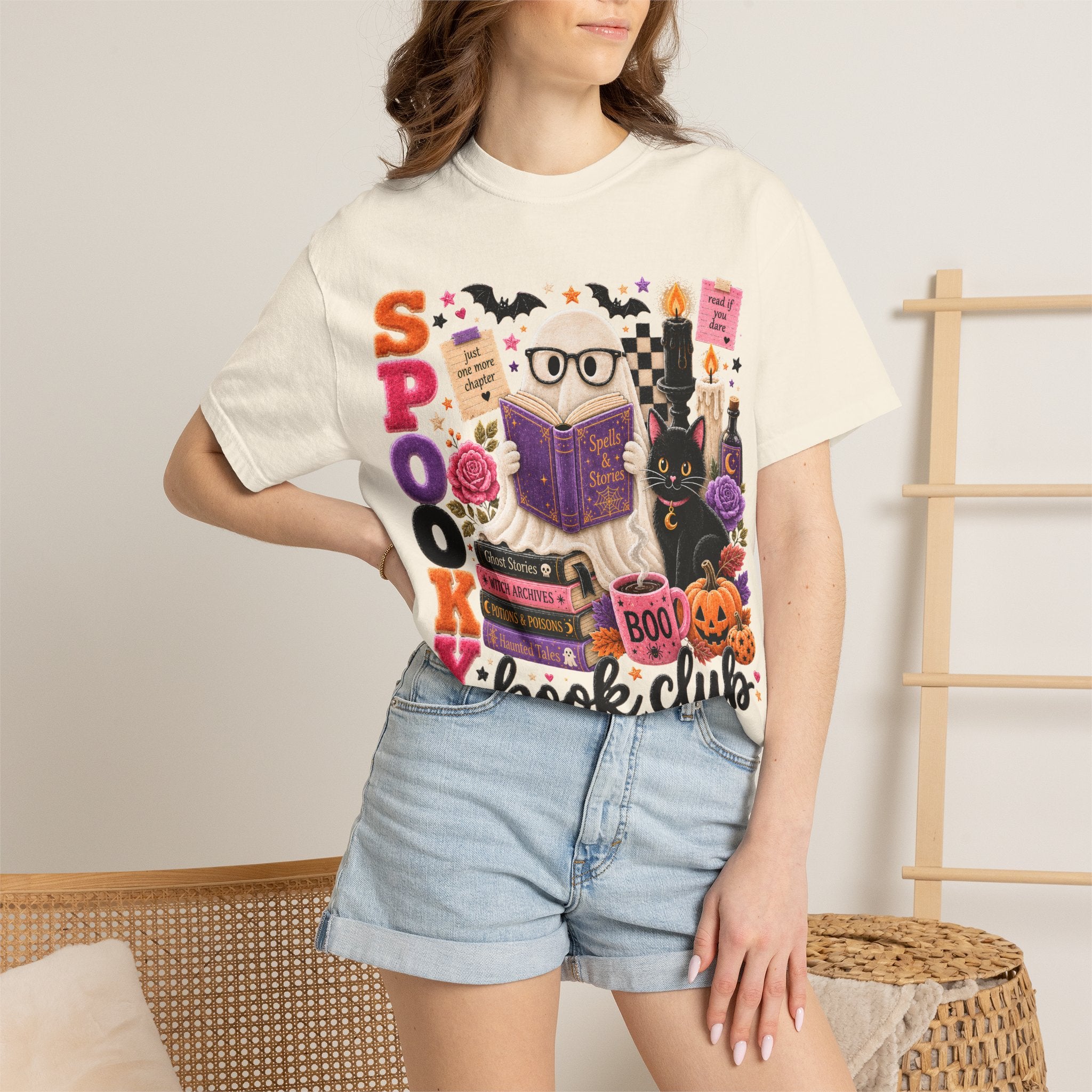 Spooky Book Club T-shirt | Halloween Reading Cat Owl Pumpkin