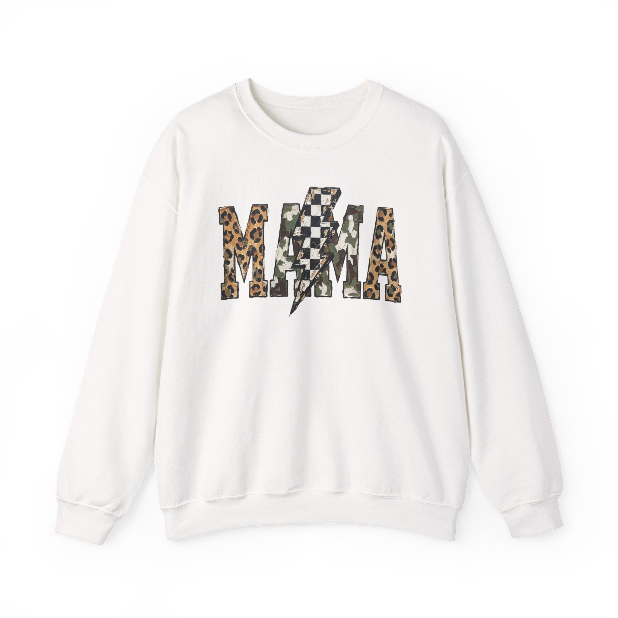 Neutral Street Style MAMA Sweatshirt | Leopard & Camouflage Lightning Bolt Graphic | Cozy Mom Crewneck