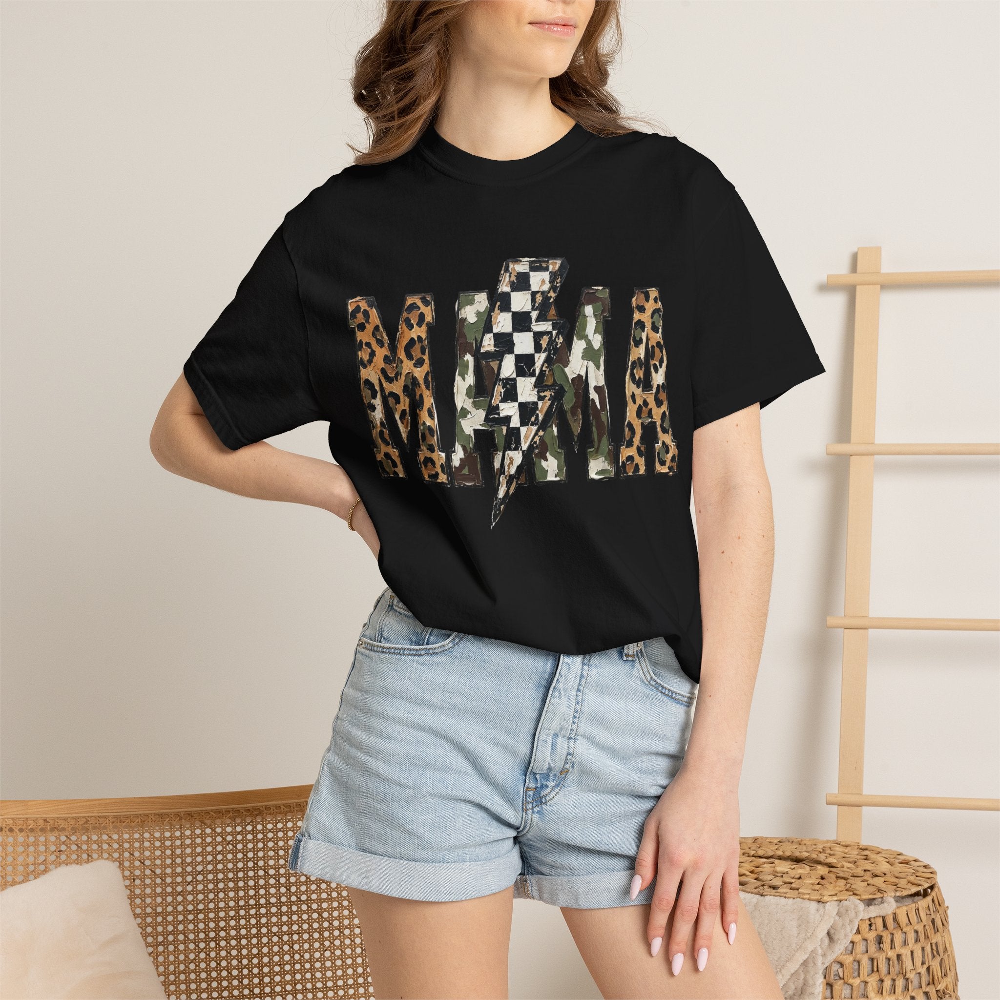 MAMA Lightning Bolt Leopard Check T-Shirt | Mama Tee