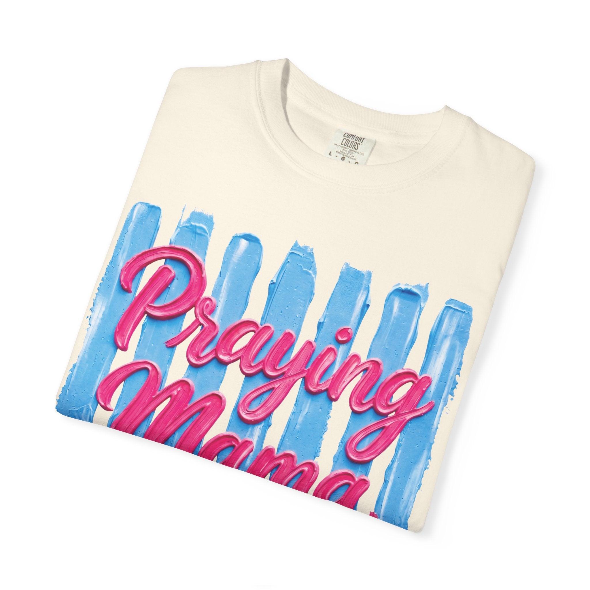 Praying Mama T-shirt | Christian Cross, Hearts, Blue Brushstroke