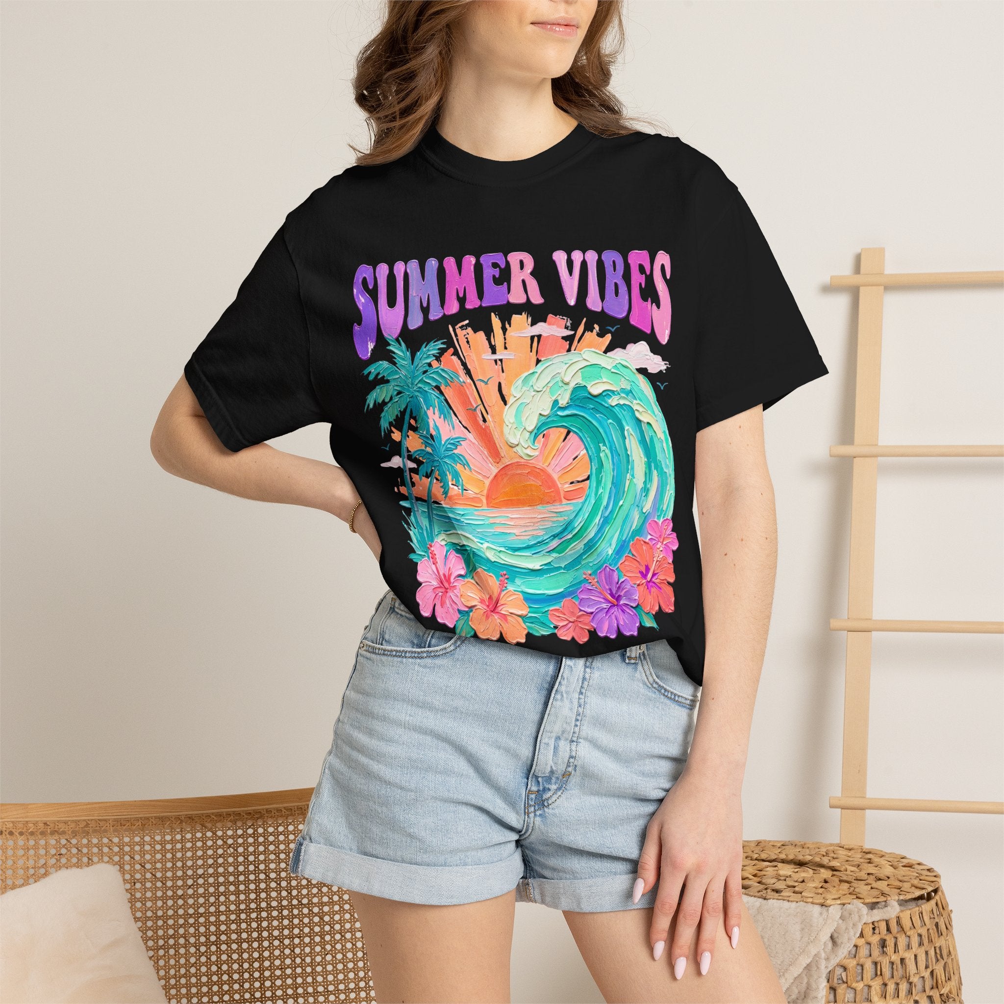 Summer Vibes Wave T-Shirt | Tropical Palm Sunset Hibiscus Beach lover tee