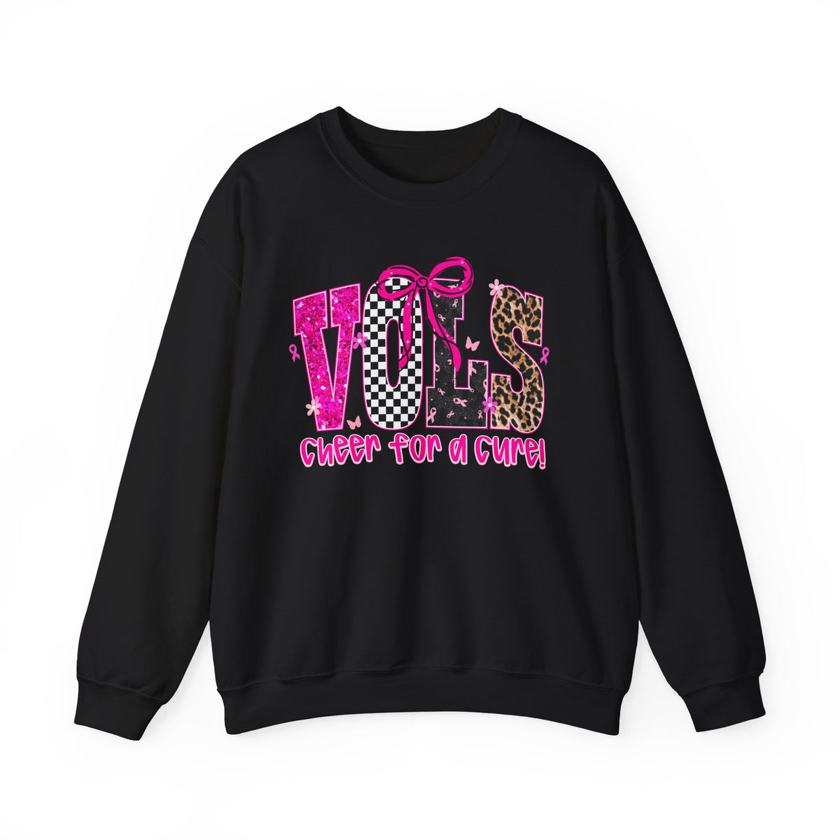 Crewneck Sweatshirt - VOLS Cheer For A Cure Pink Ribbon Leopard & Glitter Design