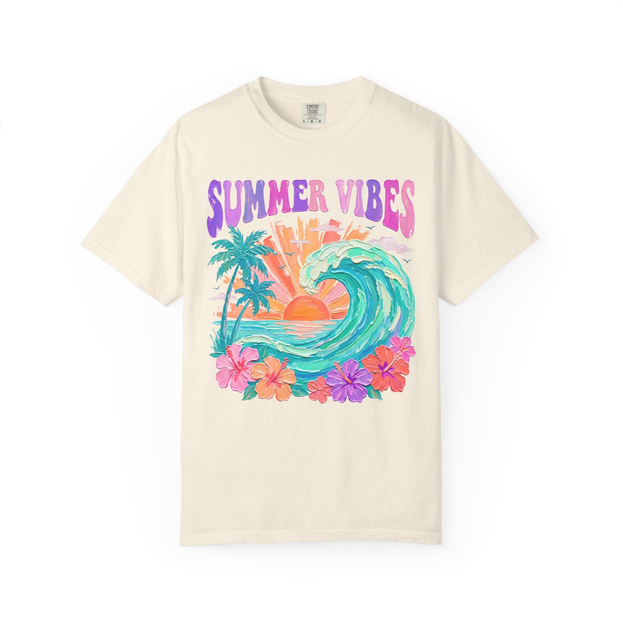 Summer Vibes Wave T-Shirt | Tropical Palm Sunset Hibiscus Beach lover tee