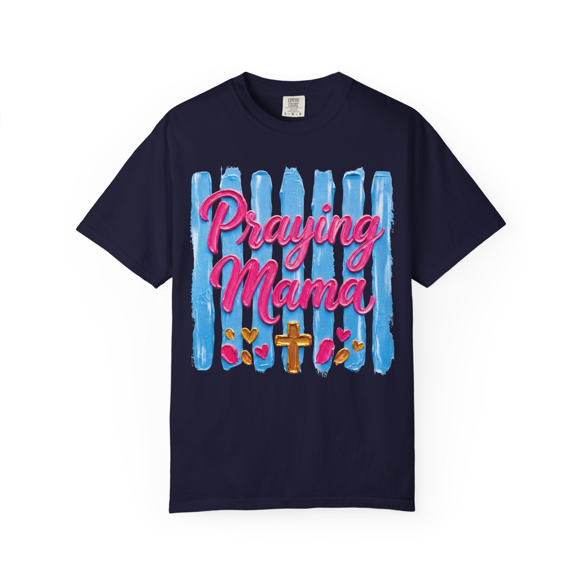 Praying Mama T-shirt | Christian Cross, Hearts, Blue Brushstroke
