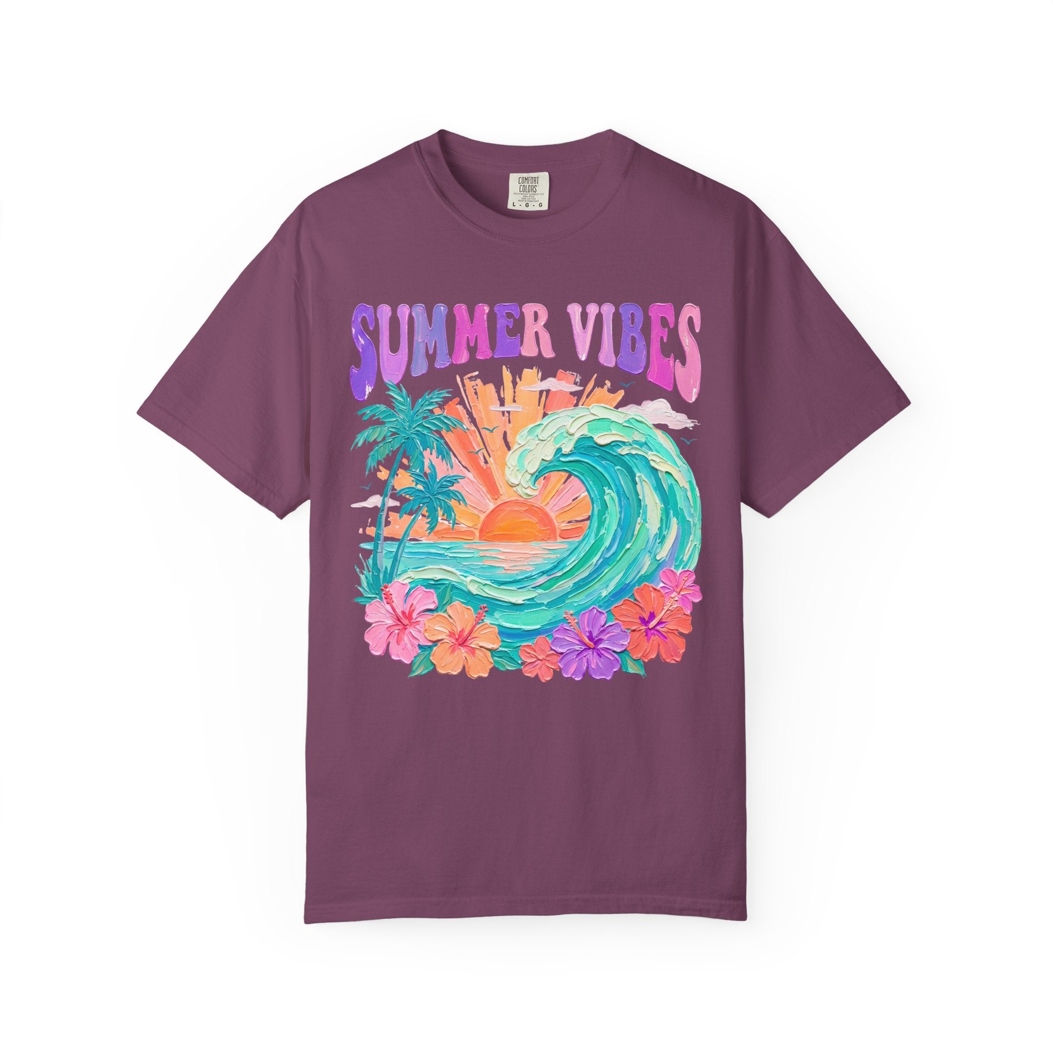 Summer Vibes Wave T-Shirt | Tropical Palm Sunset Hibiscus Beach lover tee