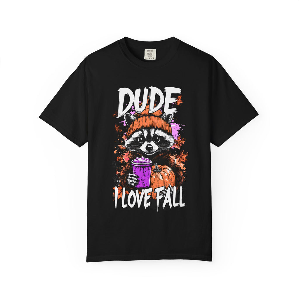 Raccoon with Pumpkin and Coffee Dude I Love Fall T-shirt | Autumn Graphic Tee