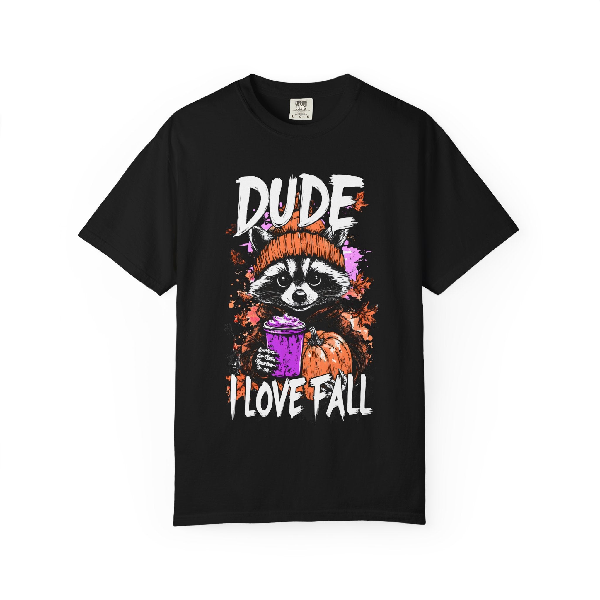Raccoon with Pumpkin and Coffee Dude I Love Fall T-shirt | Autumn Graphic Tee