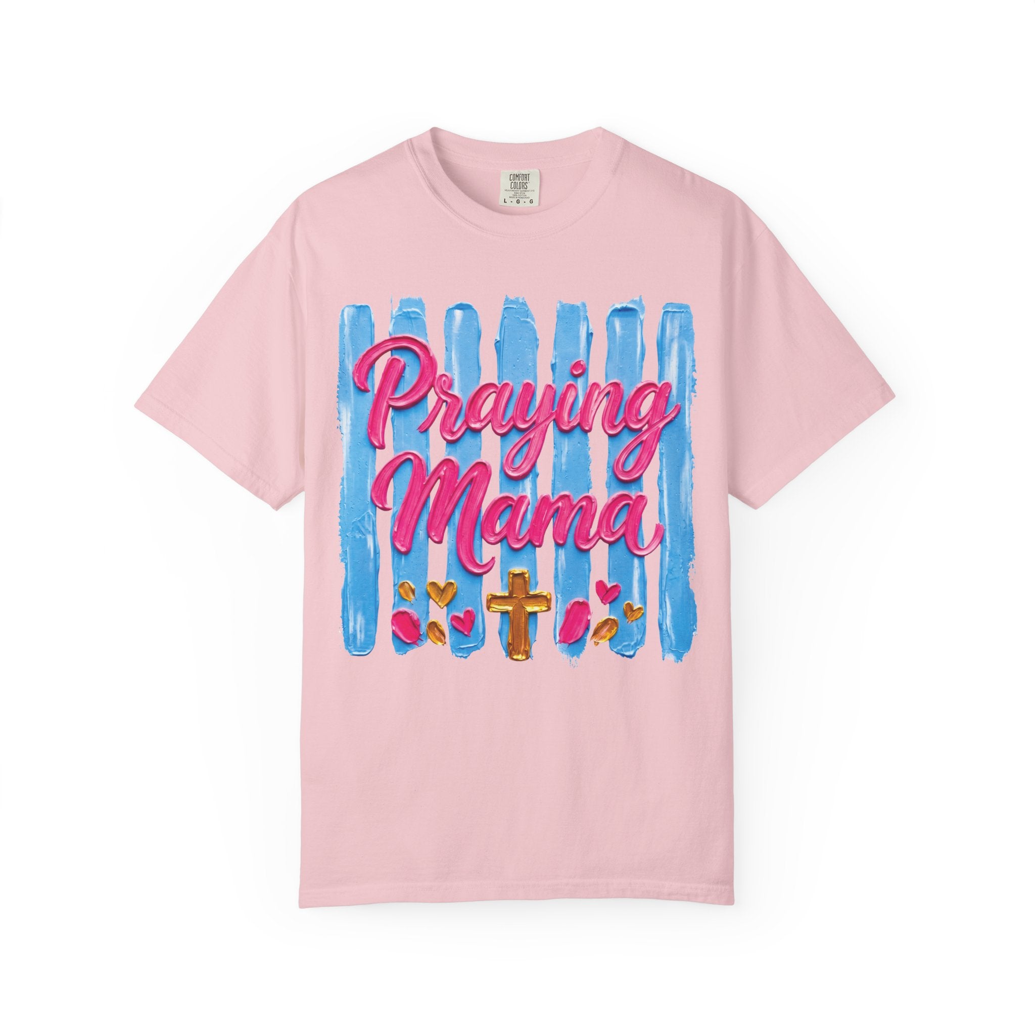 Praying Mama T-shirt | Christian Cross, Hearts, Blue Brushstroke