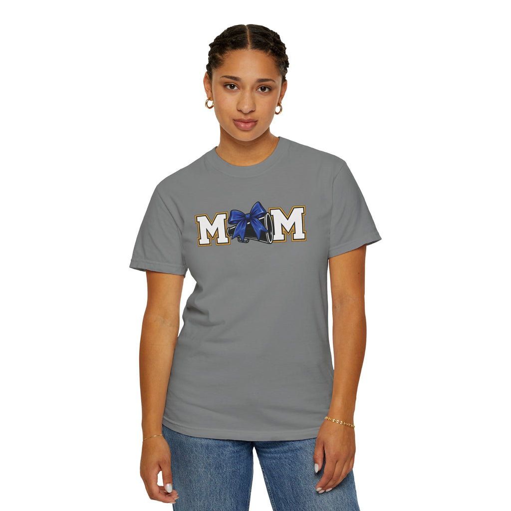 Mom Cheer support T-Shirt — "MOM" with Blue bow & Personalized Back Print